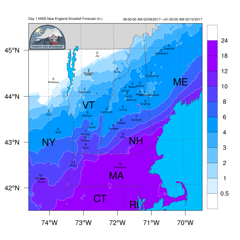 New England snowfall forecast map, color-coded.