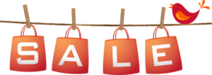 Sale sign with hanging letters and bird.