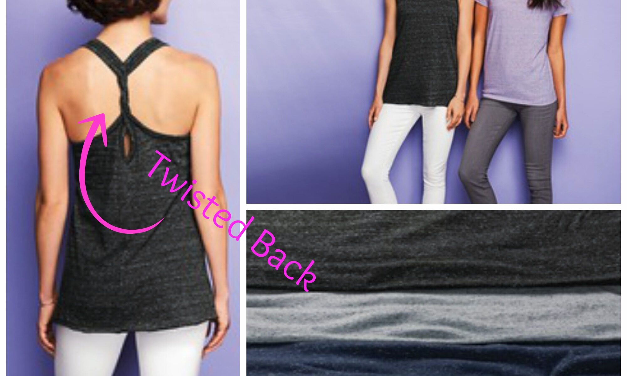 Women modeling twisted back tank tops.