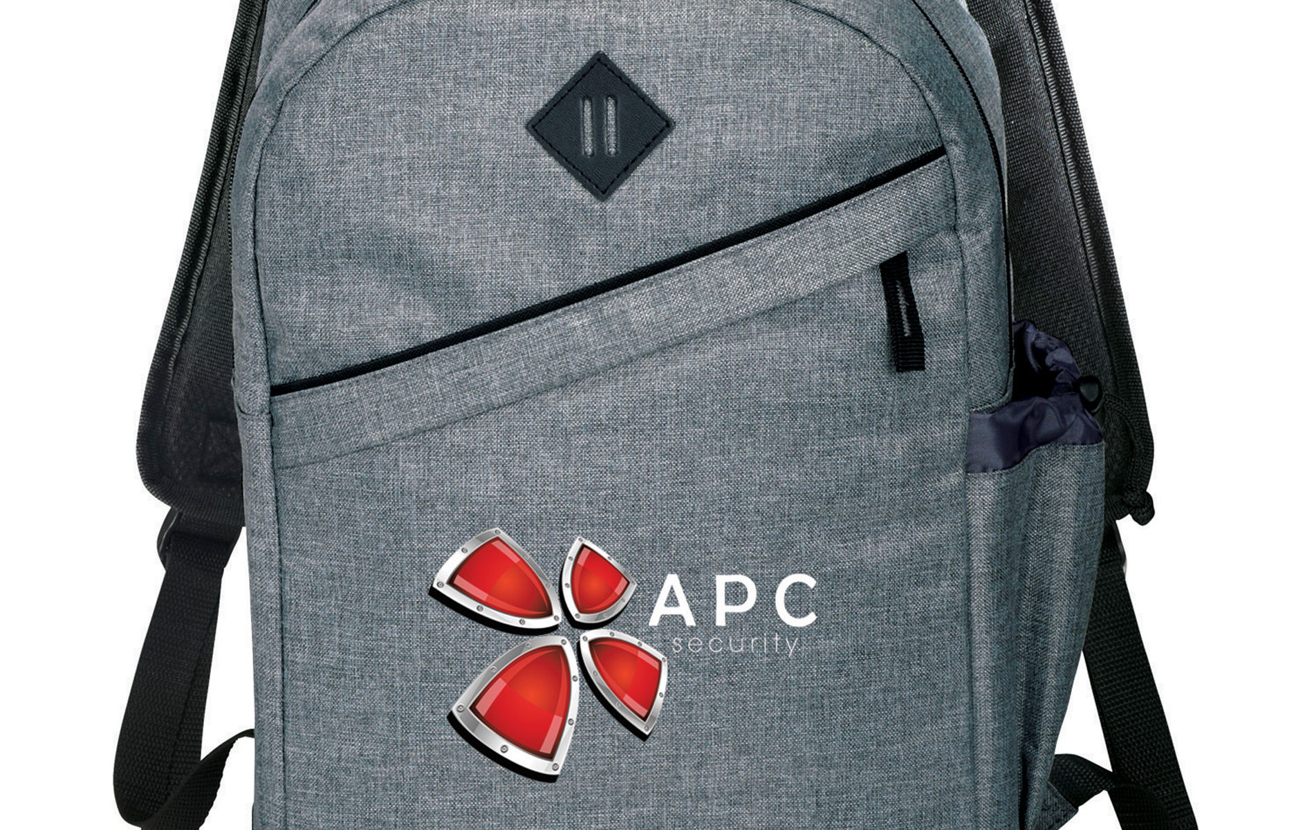 Gray backpack with APC logo and red design.