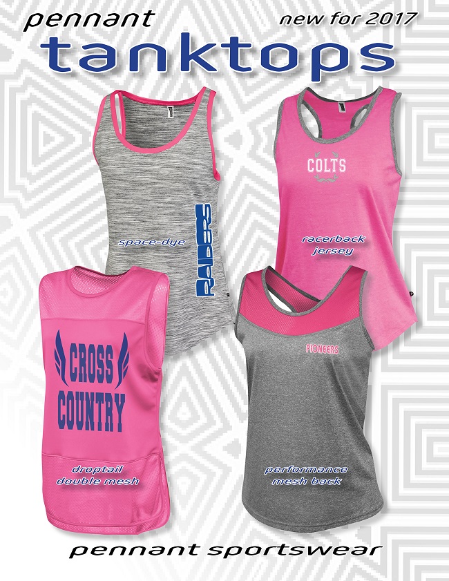 Four colorful Pennant Sportswear tank tops.