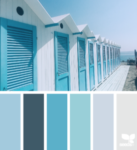 Blue beach huts with color palette.