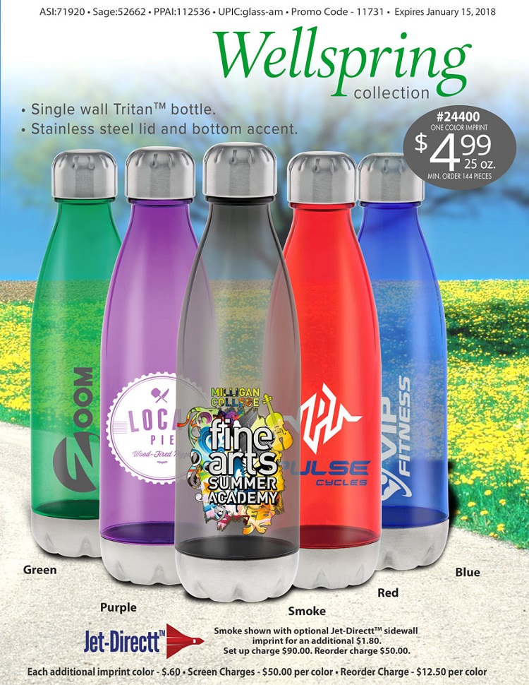 Colorful promotional water bottles on grassy background.
