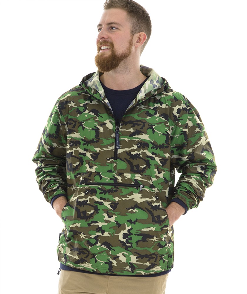 Man wearing a camouflage jacket, smiling confidently.