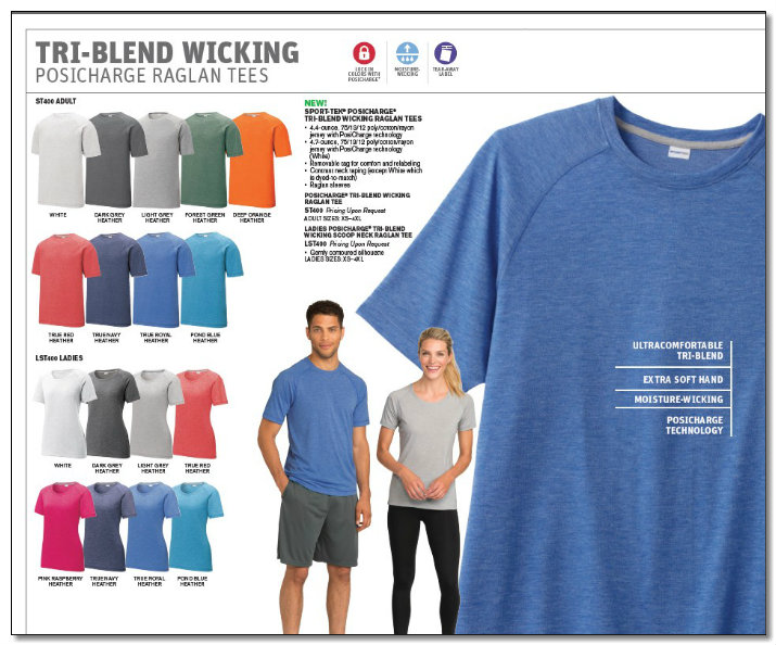 PosiCharge tri-blend wicking raglan tees display.
