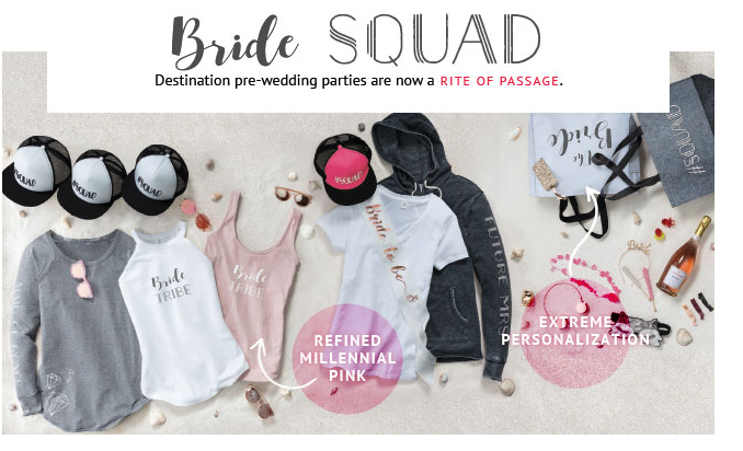 Bride squad apparel and accessories display.