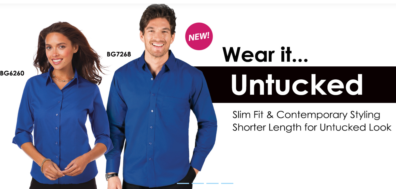 Two models wearing blue untucked shirts.