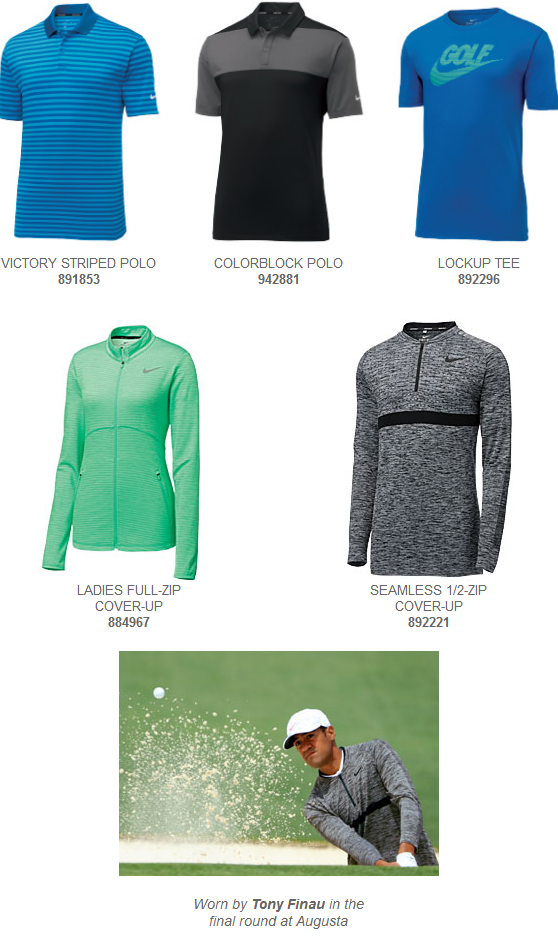 Golf apparel collection with various polo shirts.