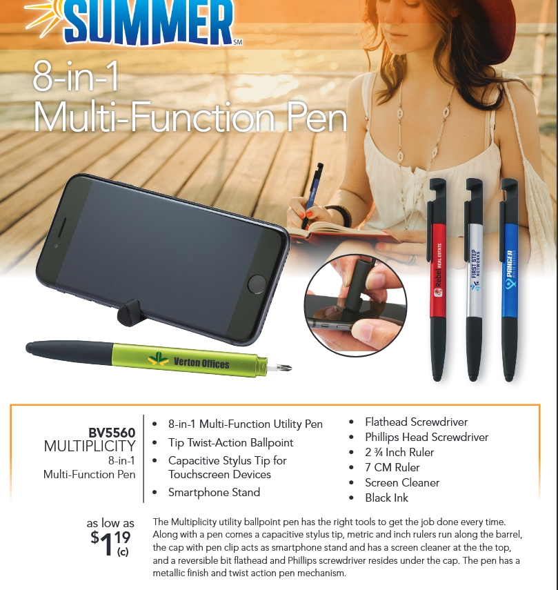 8-in-1 multi-function pen advertisement flyer.