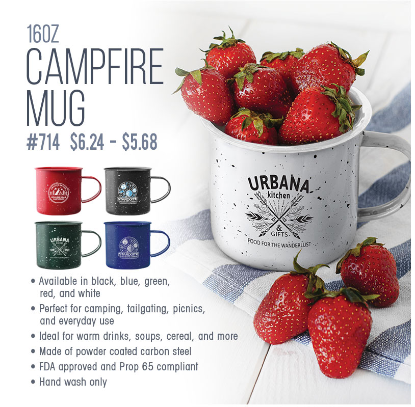White mug with strawberries, product advertisement.