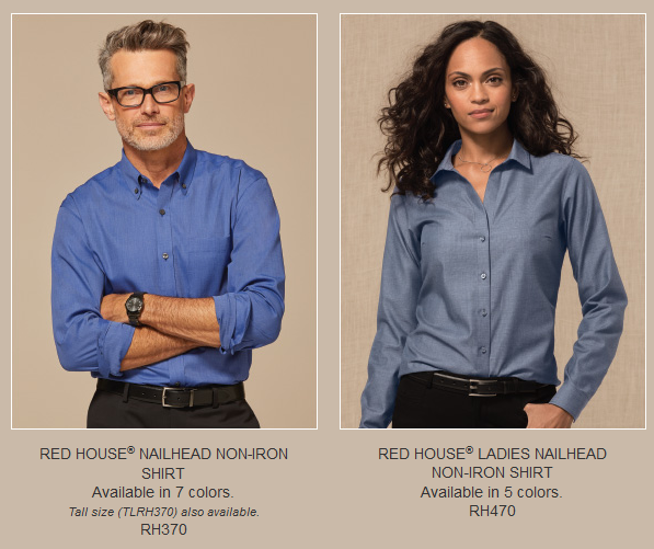 Two models wearing blue non-iron shirts.