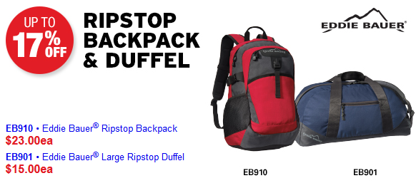 Ripstop backpack and duffel promotional offer.