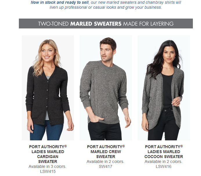 Models wearing marled sweaters for layering.