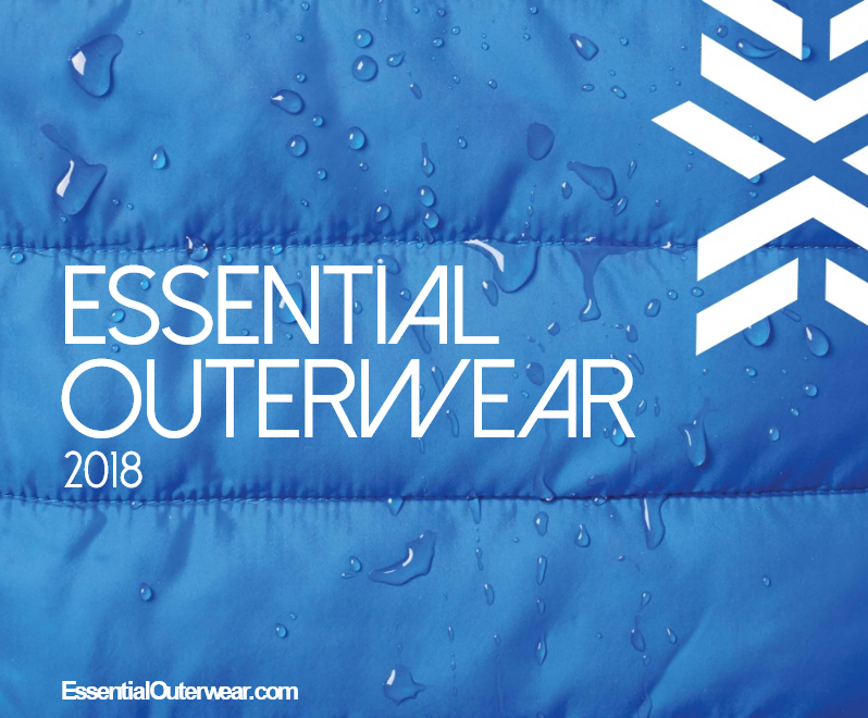 Blue waterproof fabric with "Essential Outerwear" text.