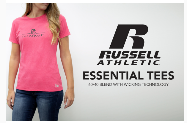 Woman wearing Russell Athletic pink t-shirt.