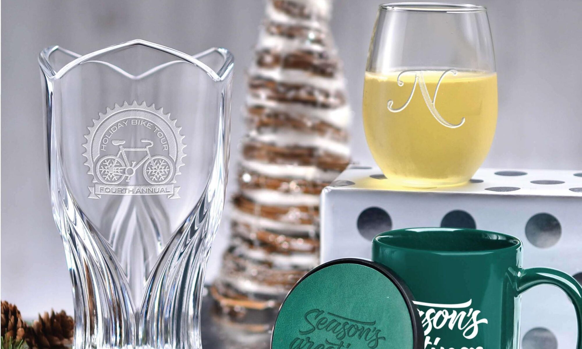 Gift guide with glassware and holiday theme.