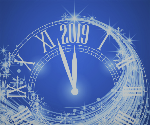 Clock striking midnight, welcoming year 2019.