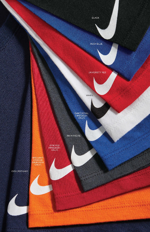 Colorful Nike shirts stacked with logos visible.