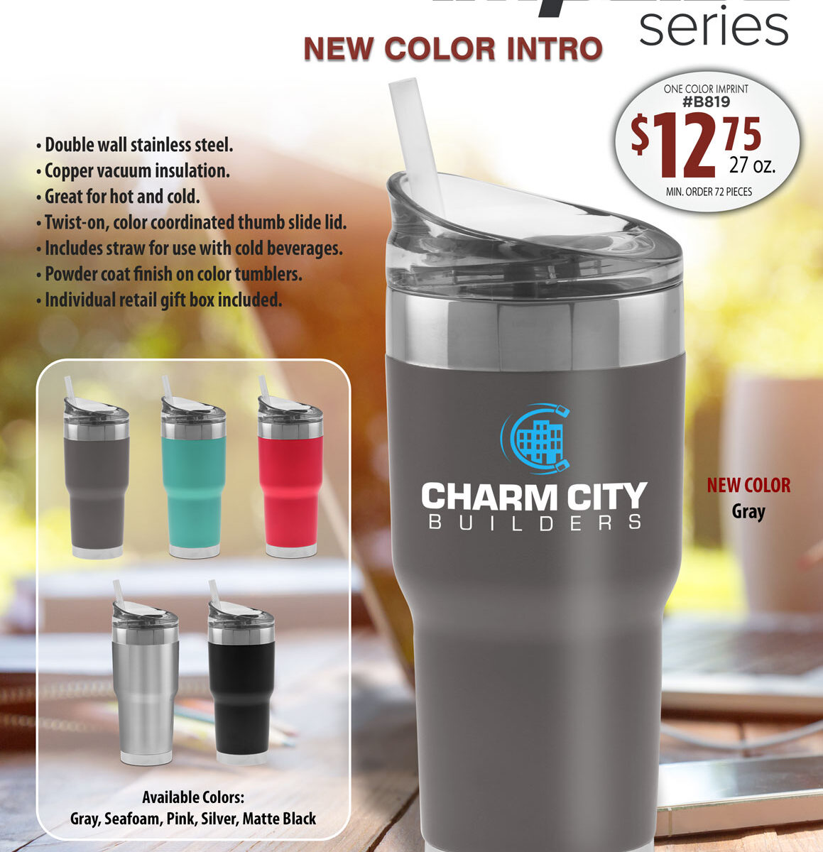 Tumbler advertisement featuring new gray color.