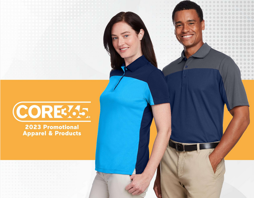 Two people modeling promotional apparel shirts.