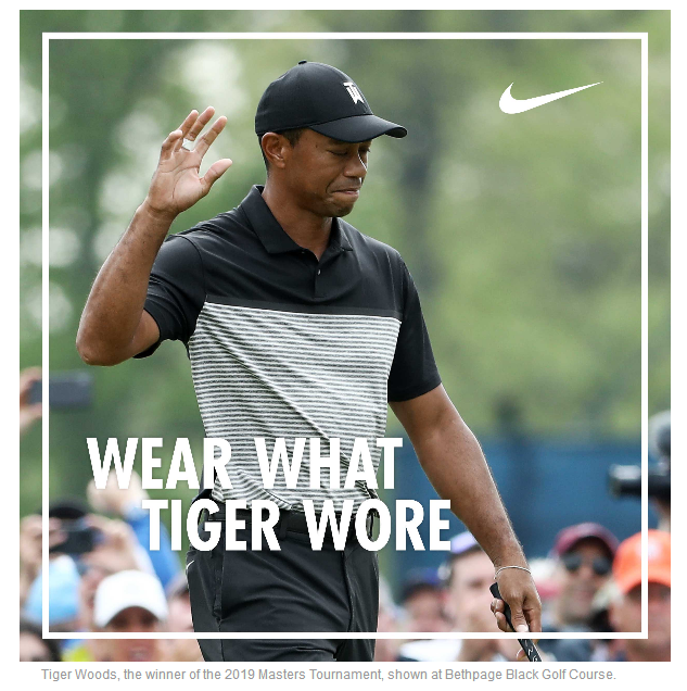 Golfer raising hand, Nike apparel advertisement.