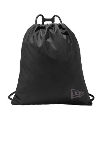 Black drawstring bag with logo.