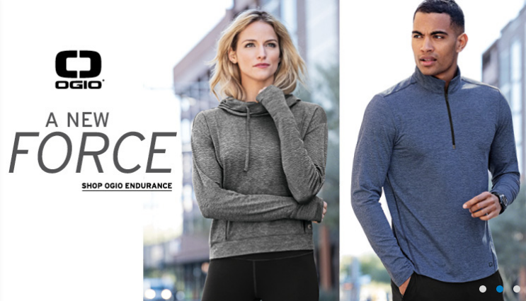 Two models wearing Ogio sportswear outdoors.