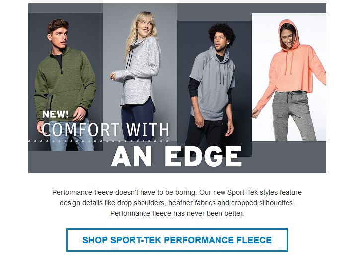 Models showcasing Sport-Tek performance fleece outfits.