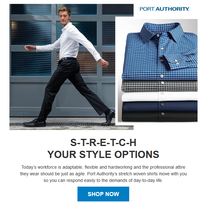 Man walking, shirts displayed, shop now button.