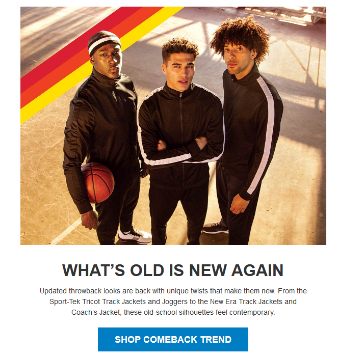 Three men in retro-style athletic wear.
