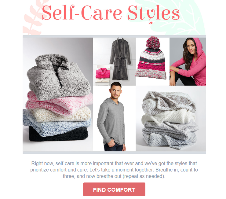 Self-care clothing styles for comfort and relaxation.