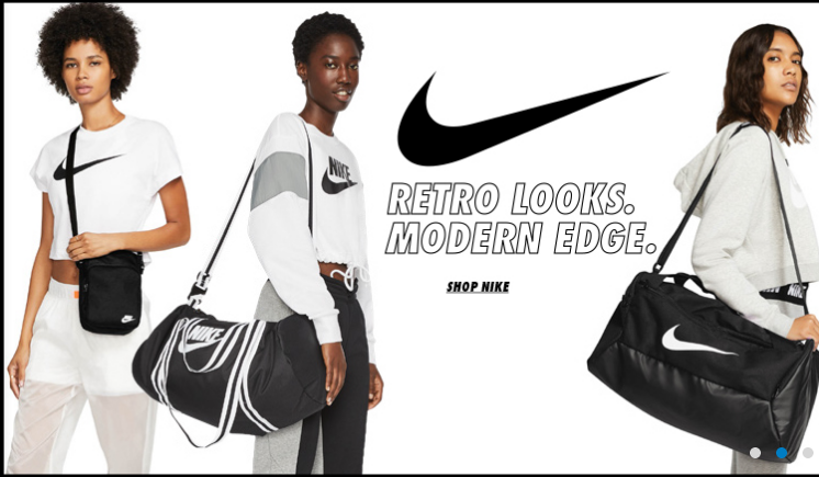 Nike models showcasing sporty bags and apparel.