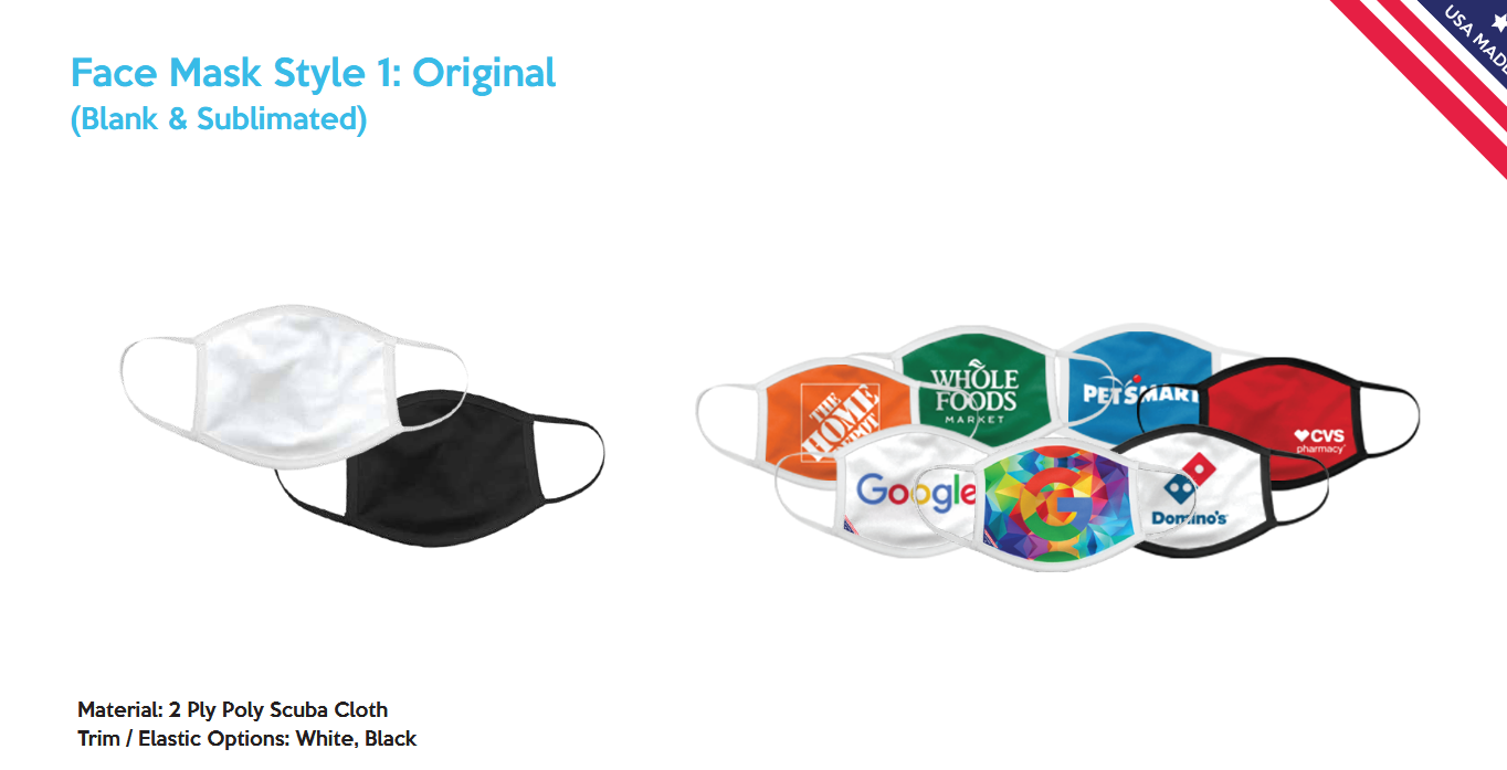 Face masks with various brand logos displayed.