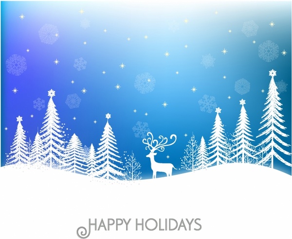 Winter scene with reindeer and trees.