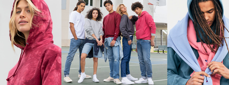Fashionable group wearing casual hoodies and jeans.