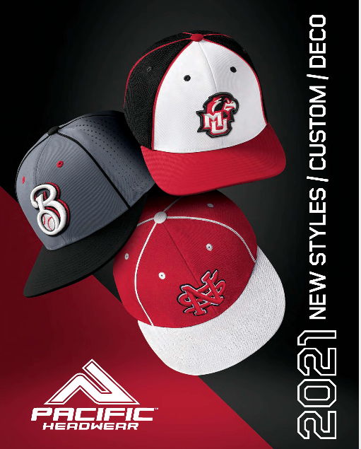 Three stylish baseball caps with unique logos on a black background.