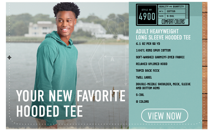 Man wearing green hooded tee, promotional text.
