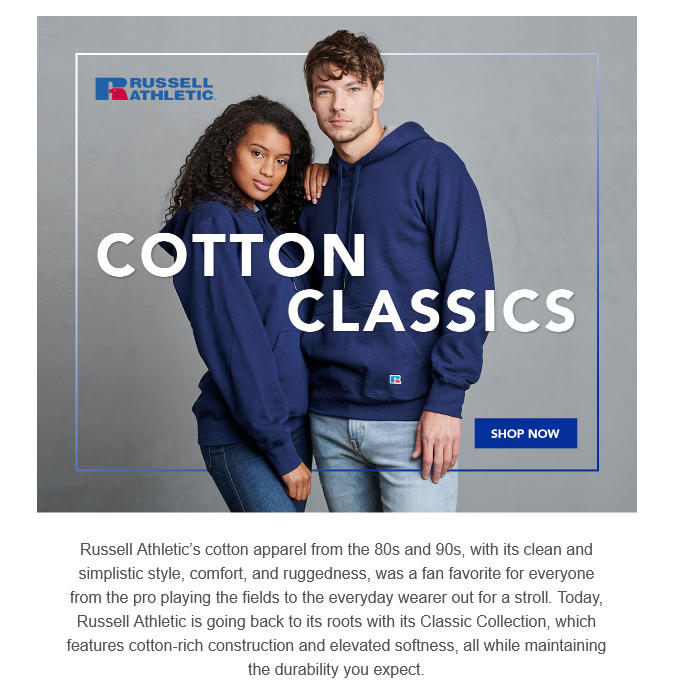 Russell Athletic models in blue cotton hoodies.
