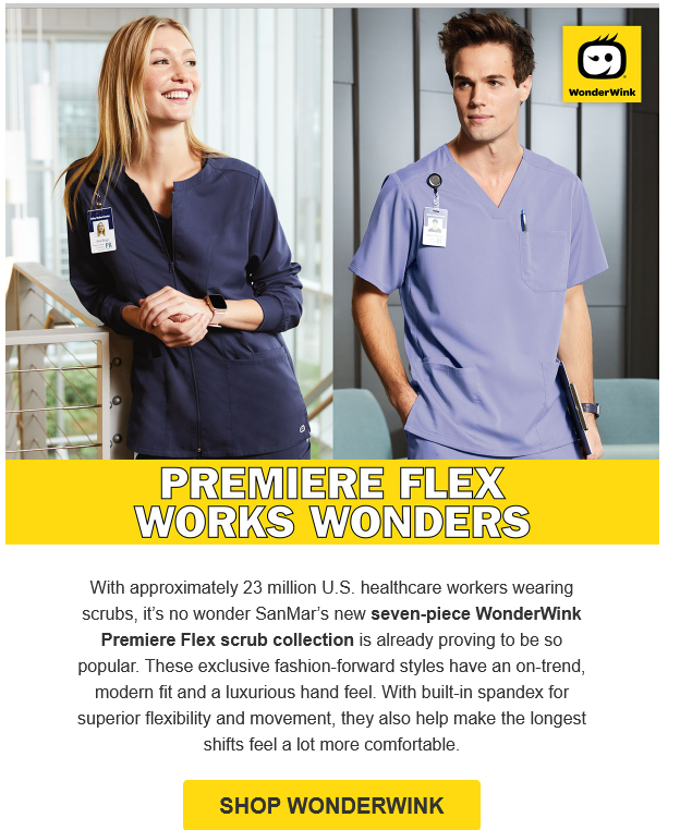 Two models showcasing WonderWink scrubs.