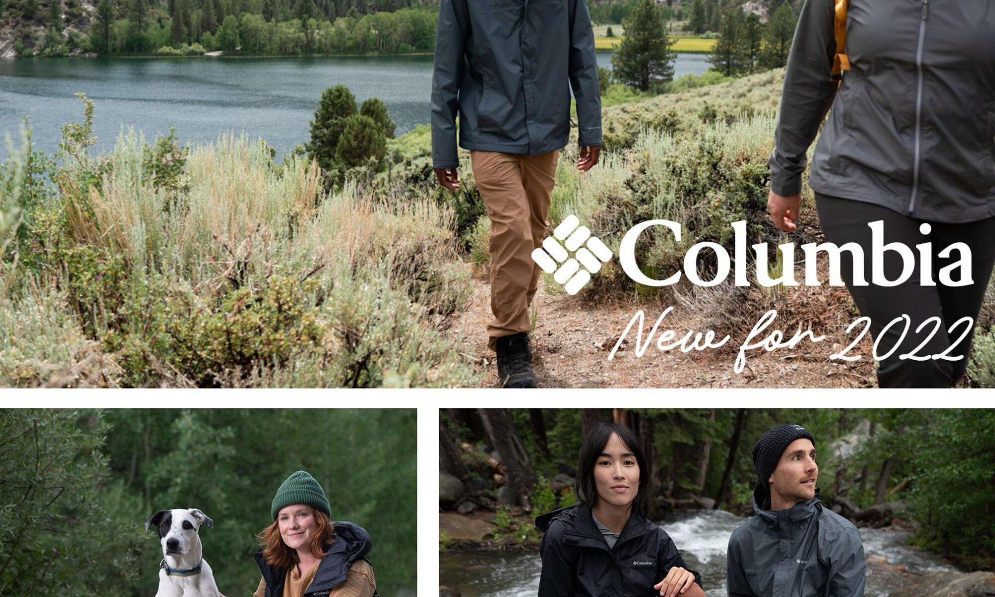 Couple enjoying outdoor adventures with Columbia gear in scenic mountain landscapes.