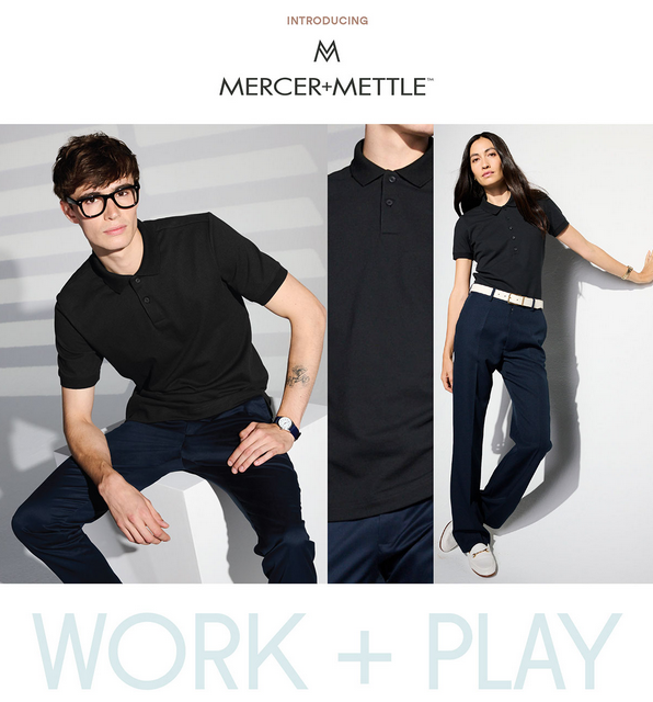 Models wearing black polo shirts, casual style.