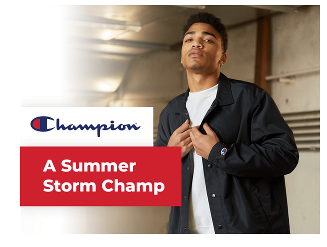 Man wearing black jacket, Champion logo visible.
