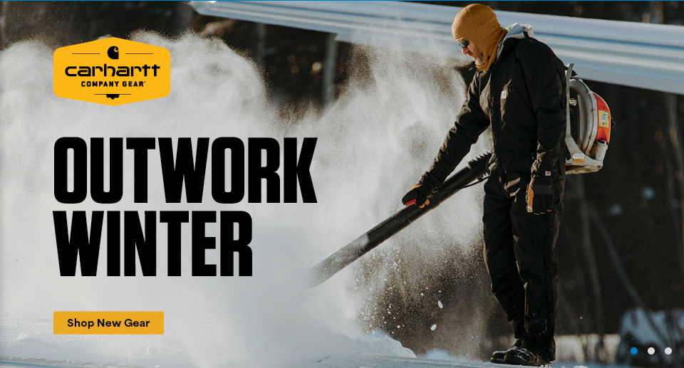 Person using snowblower, Carhartt advertisement.