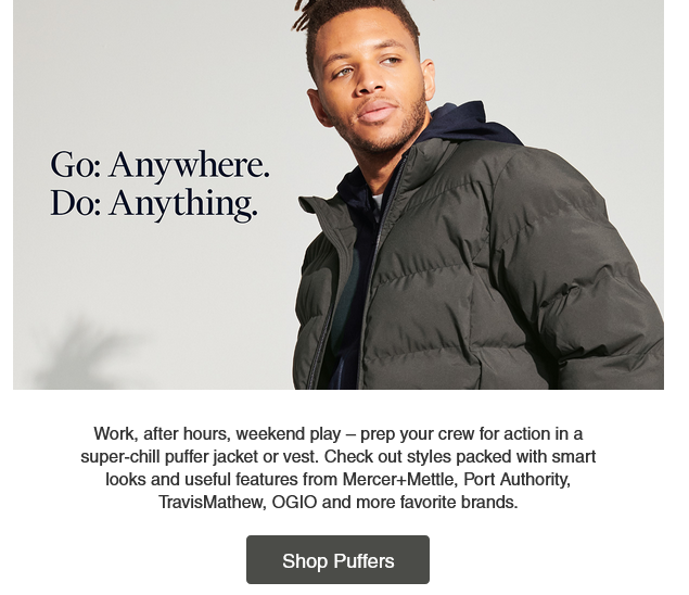 Man wearing dark puffer jacket, promotional text.