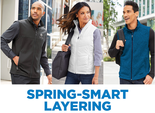 Three people wearing spring layering vests.