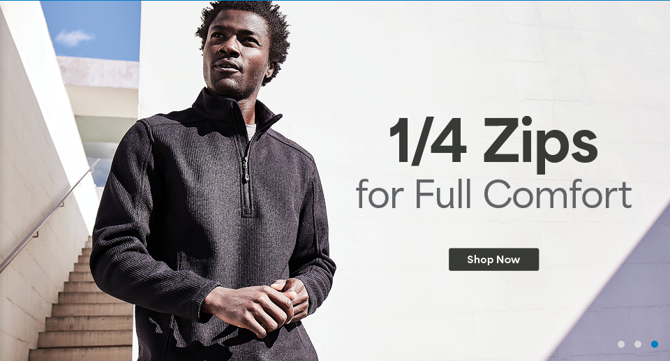 Man wearing a quarter-zip sweater outdoors.