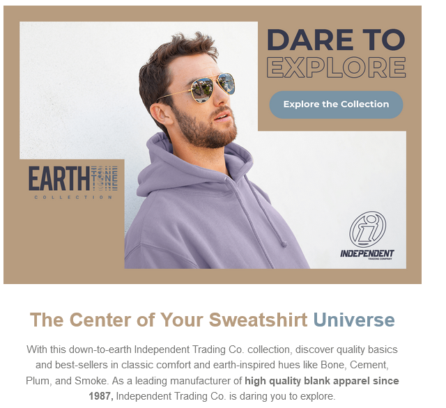 Man in hoodie, sunglasses; clothing collection promotion.