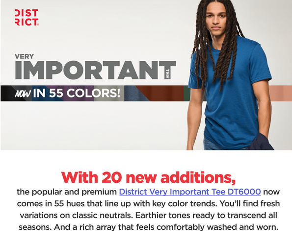 Man wearing blue t-shirt, promoting 55 colors.
