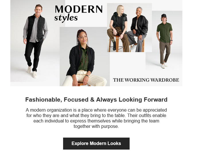Modern workplace fashion styles for professionals.