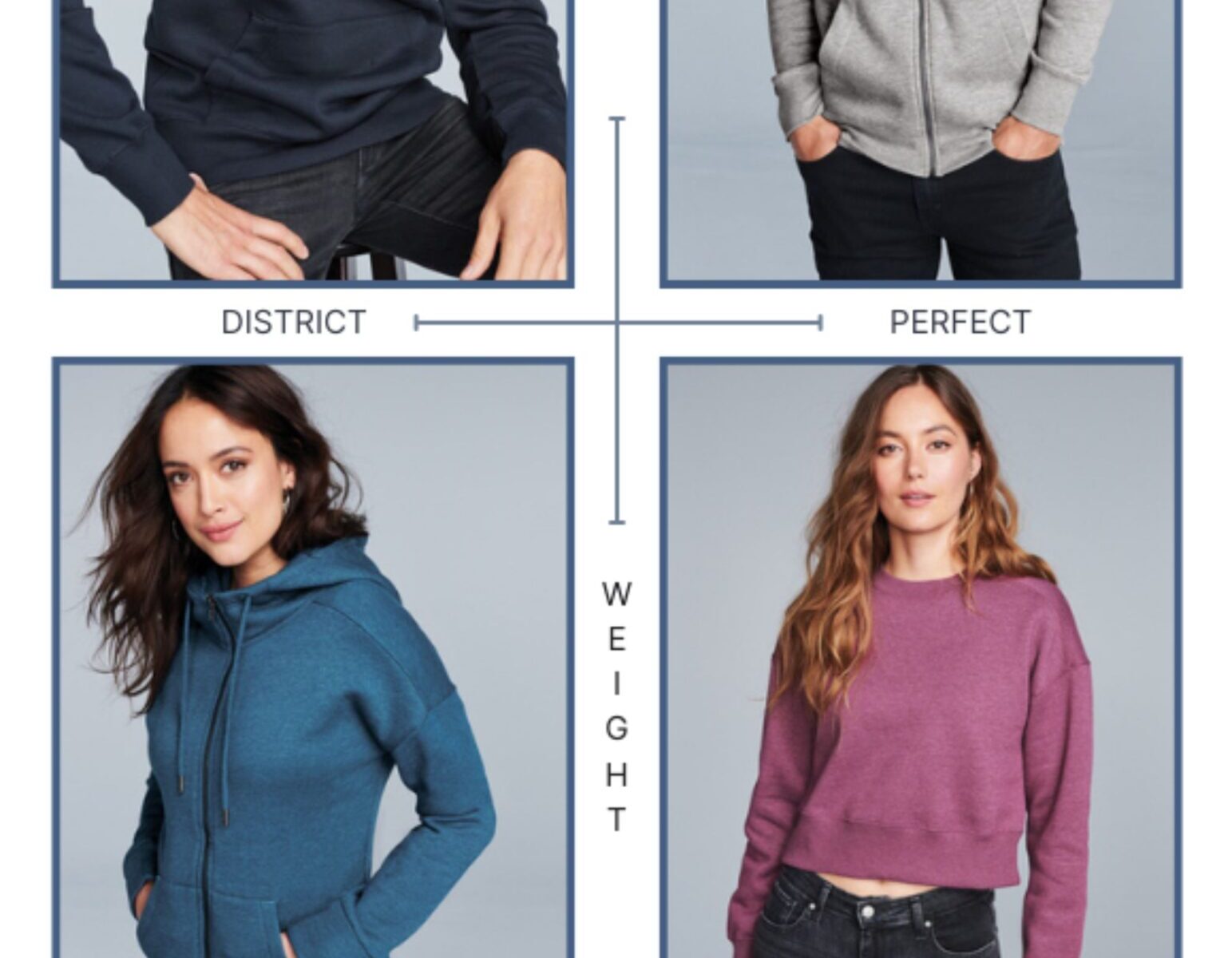 Models wearing various hoodies and sweatshirts.